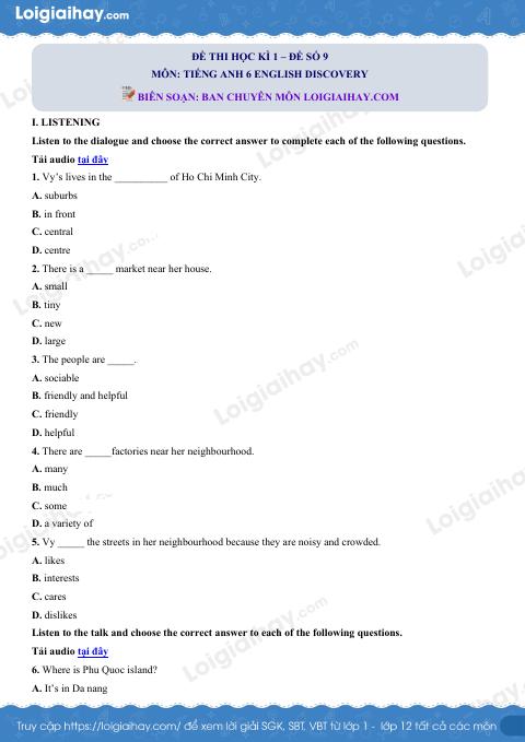 Đề thi học kì 1 Tiếng Anh 6 English Discovery - Đề số 9